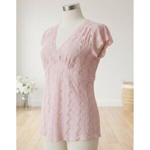 Vintage Y2K Pink Lace Top - Flutter Sleeve V-Neck Coquette Blouse Large babydoll